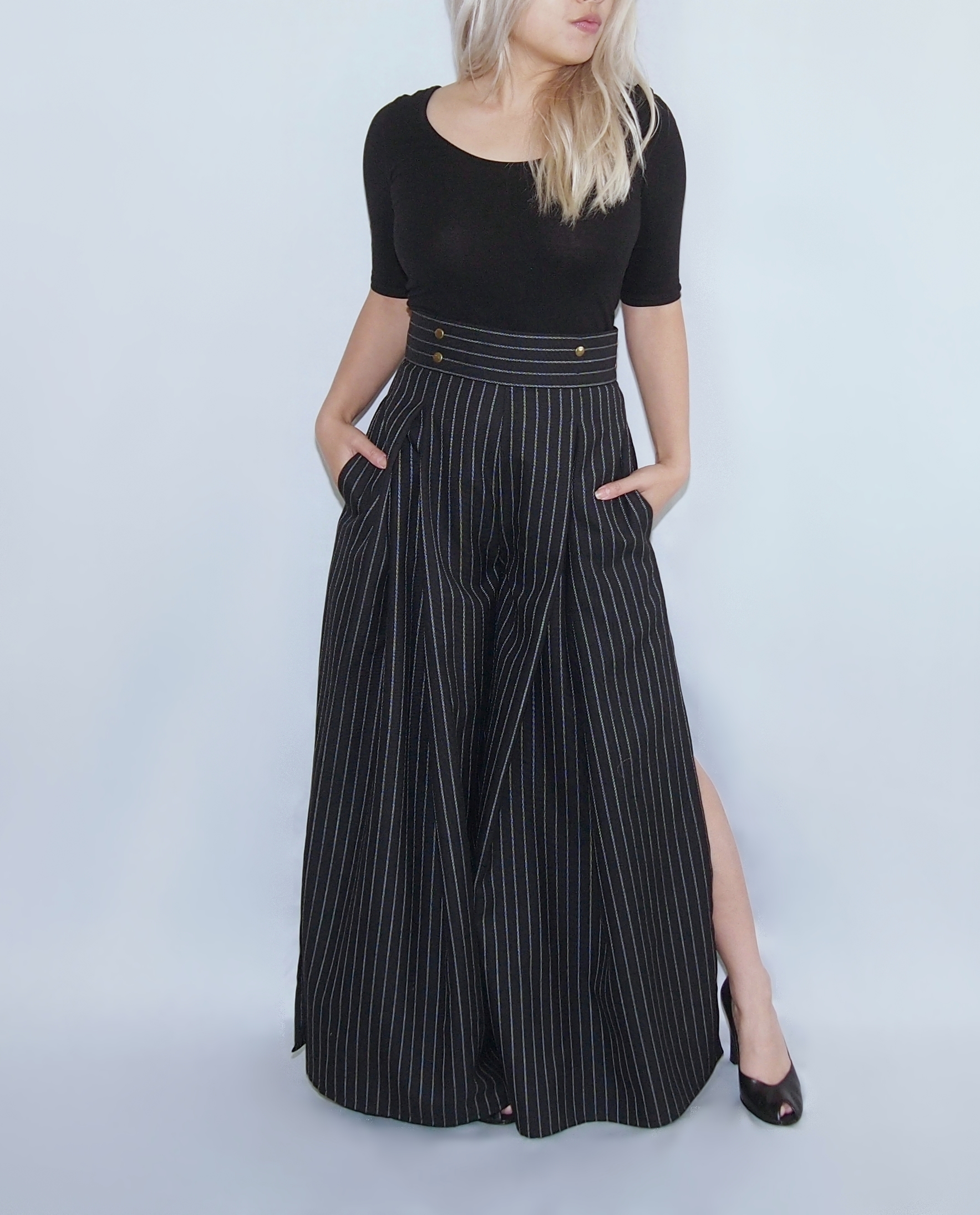 high waisted pinstripe trousers